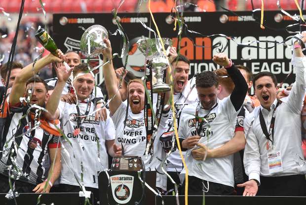 Grimsby Town celebrate winning the National League promotion final at Wembley last month
