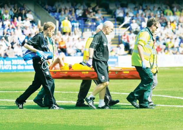 Scott Rendell is taken off in the first game of last season against Tranmere