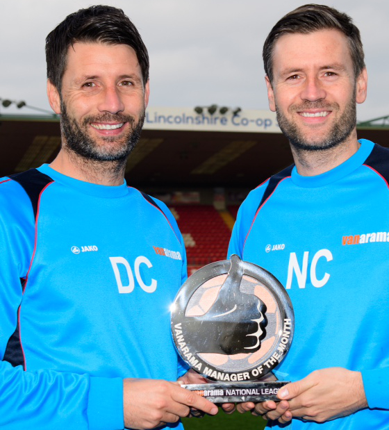 Danny and Nicky Cowley with the Manager of the Month award. PIC: National League