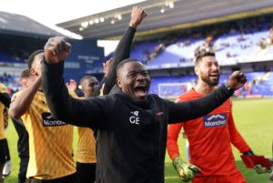 Maidstone United manager George Elokobi celebrates victory over EFL side Ipswich Town PICTURE: Alamy