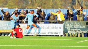 DRAMA: Brentwood’s Ayo Odukoya celebrates the winner PICTURES: Stefan Peck