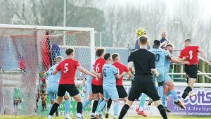 HIGH RISERS: Reegan Messenger heads Evesham United’s equaliser before Andre Wright nods home the winner, inset PICTURES: Garry Griiffiths