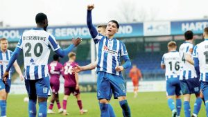 MILES BETTER: Jamie Miley celebrates after scoring Hartlepool’s fourth PICTURE: Shutterpress