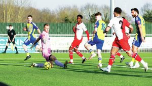 BACK IN IT: Luke May-Parrott slots home to score Hashtag United’s first goal PICTURE: Ed Boyden