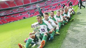 FULL STEAM AHEAD: North Ferriby United players celebrate winning their 2015 FA Trophy success PICTURE: Alamy