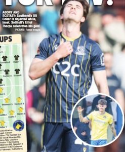 AGONY AND ECSTASY: Southend’s Oli Coker is dejected while, inset, Solihull’s Elliot Thorpe celebrates his goal PICTURE: Focus Images