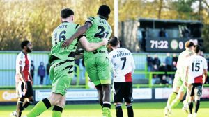 Jordon Garrick celebrates his equaliser for Forest Green Rovers against Woking in the National League