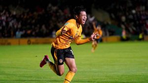 Kiban Rai grabs his first goal for Newport County with an equaliser against Premier League Brentford in the Carabao Cup PICTURE: Alamy