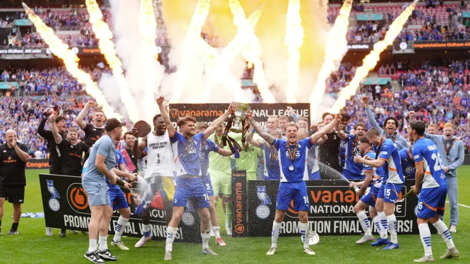 Oldham won promotion to League Two on Sunday (Adam Davy/PA)