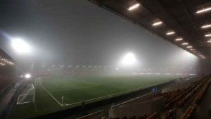 Thick fog hangs over the stadium prior to the Emirates FA Cup second round match at the LNER Community Stadium, York. Picture date: Friday December 1, 2023.