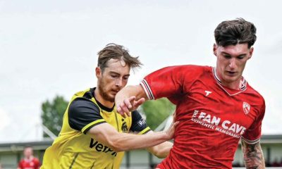 WARMING UP: Morecambe’s Harvey Macadam, right, in action in yesterday’s friendly at AFC Fylde PICTURE: Adam Gee