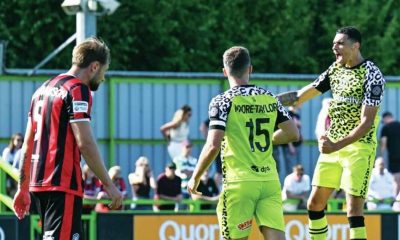 UP AND AT ‘EM: Kairo Mitchell enjoys his first goal for Forest Green PICTURE: Pro Sports