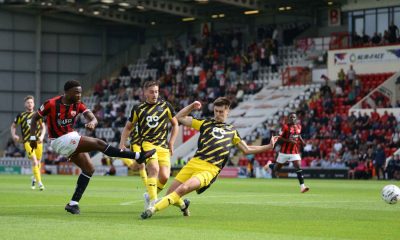 Daniel Ogwuru smashes home a last-minute winner against Altrincham to send the Morecambe fans into raptures PICTURE: Alamy