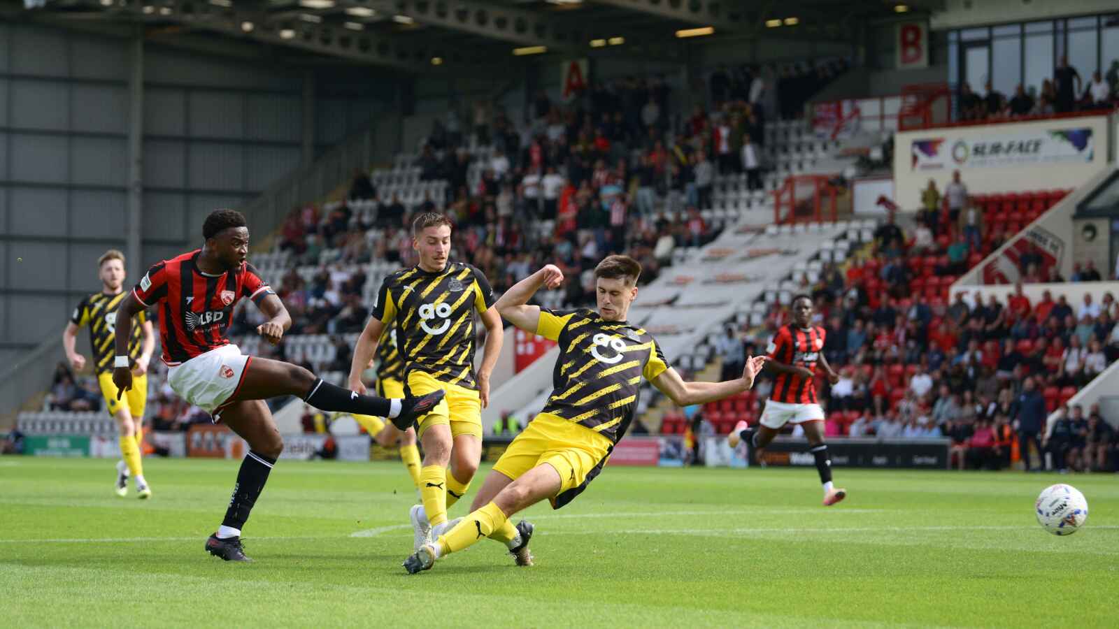 Daniel Ogwuru smashes home a last-minute winner against Altrincham to send the Morecambe fans into raptures PICTURE: Alamy