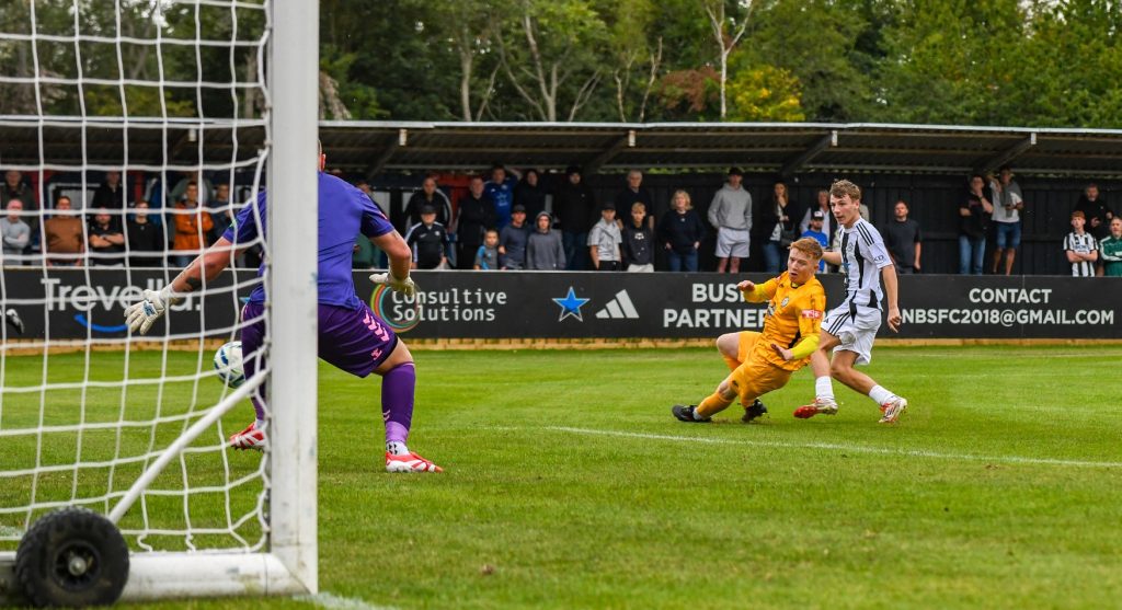 Leon Burke scores the only goal of Newcastle Blue Star's FA Cup first qualifying round win against Heaton Stannington (photo Ben Cuthbertson)