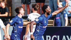 POINT BREAK: Emmanuel Dieseruvwe salutes his first goal PIC: Leonie Citron