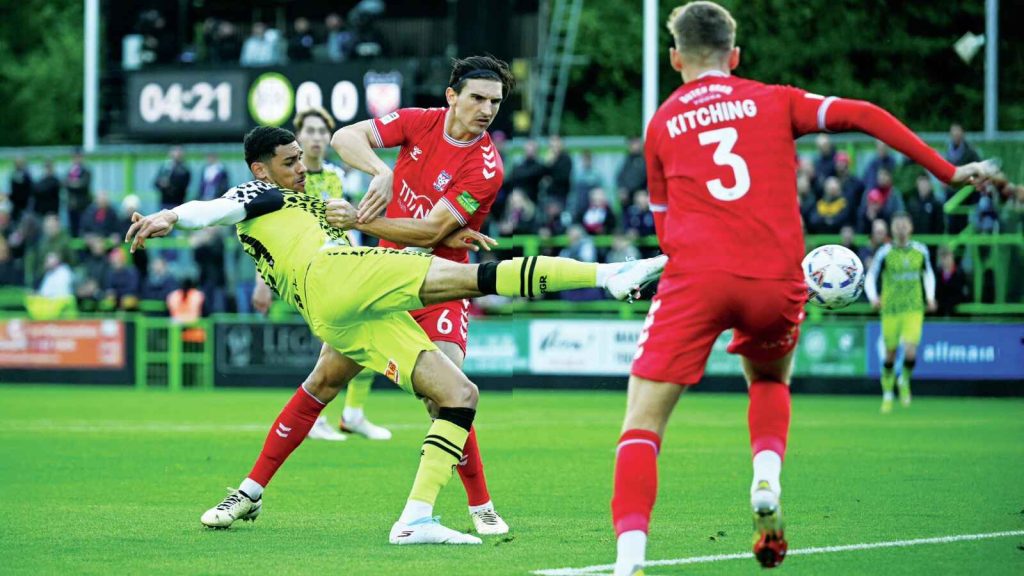 Forest Green Rovers forward Kairo Mitchell fires in