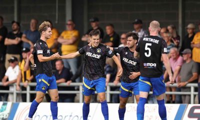 Jacob Wakeling celebrates after striking twice to fire Solihull Moors to a 2-1 victory at Boston United