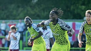 Forest Green Rovers midfielder James Balagizi grabs a late leveller against Scunthorpe United