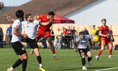 Bradley Schafer nods home Whitstable Town’s first goal in their victory over Hungerford Town