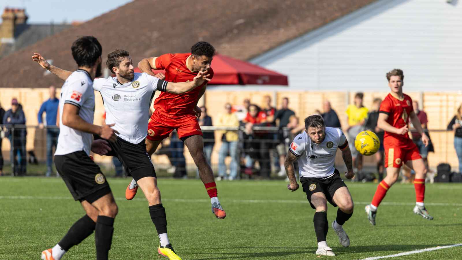 Bradley Schafer nods home Whitstable Town’s first goal in their victory over Hungerford Town