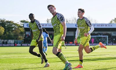 Harvey Bunker wheels away in celebration after converting the decisive penalty to give Robbie Savage’s Forest Green Rovers all three points