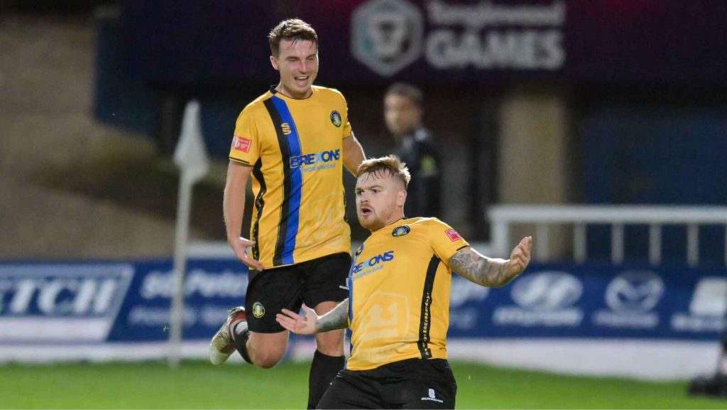 Fraser Preston of Gainsborough Trinity celebrates his second goal in the Fourth Qualifying Round Replay at Hartlepool United