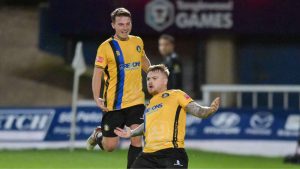 Fraser Preston of Gainsborough Trinity celebrates his second goal in the Fourth Qualifying Round Replay at Hartlepool United