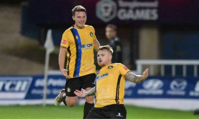 Fraser Preston of Gainsborough Trinity celebrates his second goal in the Fourth Qualifying Round Replay at Hartlepool United
