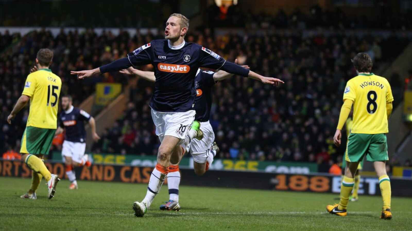 Scott Rendell wheels away after scoring for Luton Town in 2013