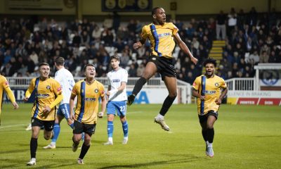 Sisa Tuntulwana jumps for joy after scoring Gainsborough Trinity’s first goal against Hartlepool United