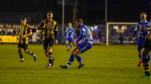 Wil Shaw scores the only goal of the game in Dunston UTS' FA Trophy first round win against Hebburn Town