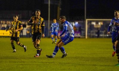 Wil Shaw scores the only goal of the game in Dunston UTS' FA Trophy first round win against Hebburn Town