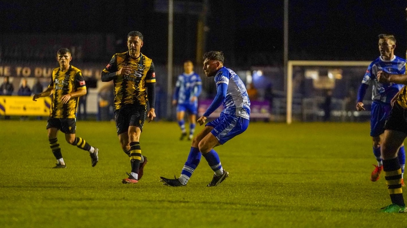 Wil Shaw scores the only goal of the game in Dunston UTS' FA Trophy first round win against Hebburn Town