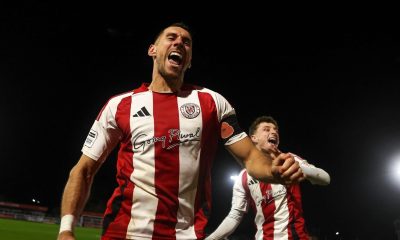 Brackley Town’s Matt Lowe leads the celebrations after their win over Notts County