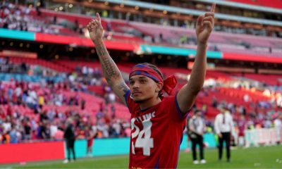 Maxwell Mullins celebrates Aldershot Town’s historic Isuzu FA Trophy win at Wembley