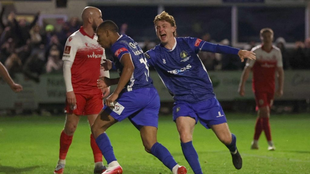 Sisa Tuntulwana wheels away after heading Gainsborough Trinity level against Accrington Stanley