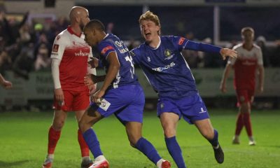 Sisa Tuntulwana wheels away after heading Gainsborough Trinity level against Accrington Stanley
