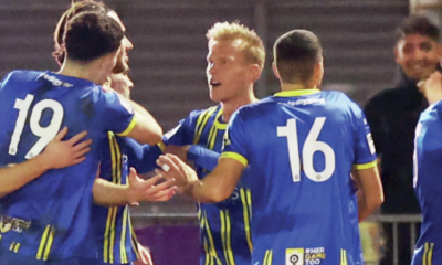 Louis Britton is mobbed after scoring Weston-super-Mare’s first goal
