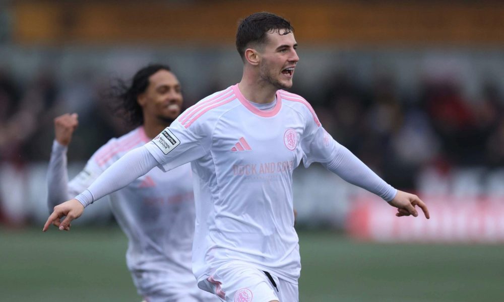 James Edmondson celebrates scoring for Macclesfield