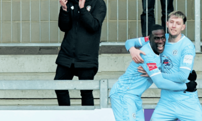 Joe Pigott, right, is congratulated on his opener for Folkestone
