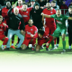 Anstey Nomads’ players celebrate their victory over Hartlepool United