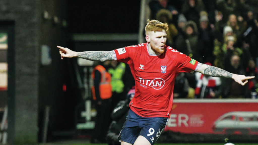 Josh Stones wheels away after scoring York City’s late equaliser and inset, York’s Alex Hunt, left, battles with Boston’s Ken Aboh
