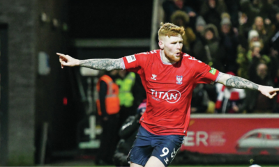 Josh Stones wheels away after scoring York City’s late equaliser and inset, York’s Alex Hunt, left, battles with Boston’s Ken Aboh