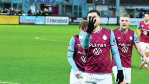Cedwyn Scott celebrates his third goal for Shields