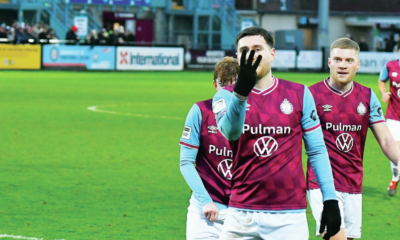 Cedwyn Scott celebrates his third goal for Shields