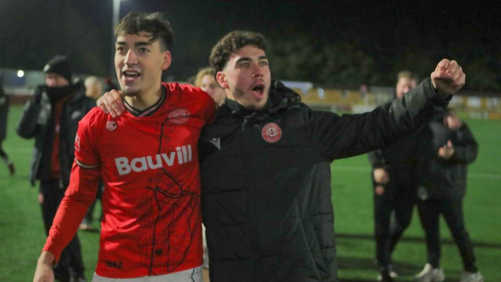 Chatham Town players celebrate their Isuzu FA Trophy fourth round victory over Carlisle United