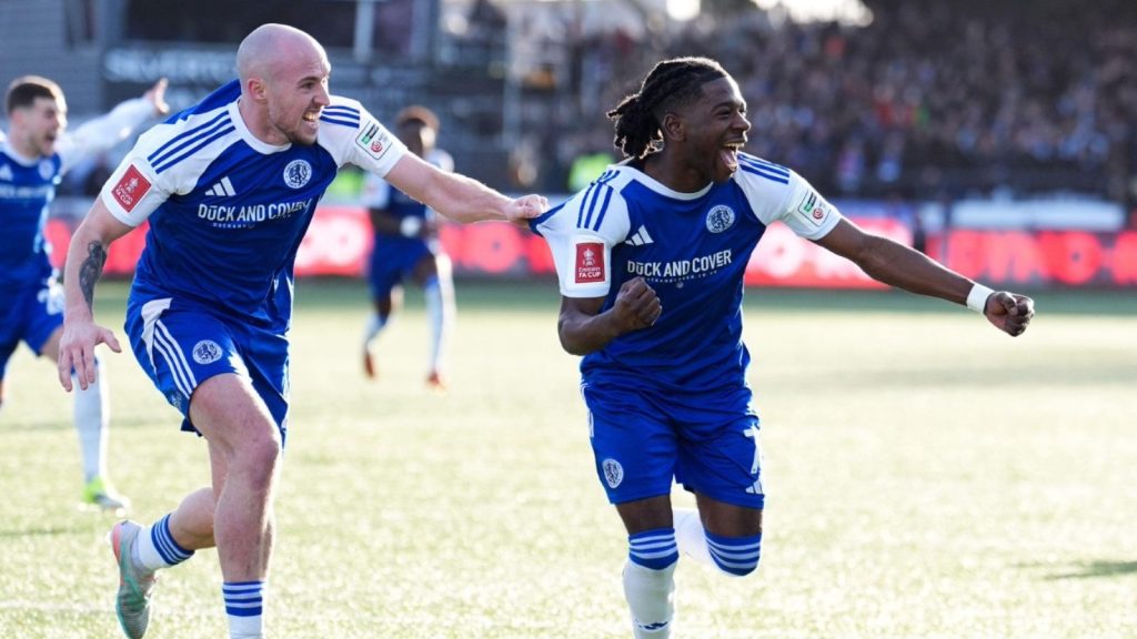 Isaac Buckley-Ricketts cannot hide his excitement after scoring Macclesfield’s second goal against Crystal Palace
