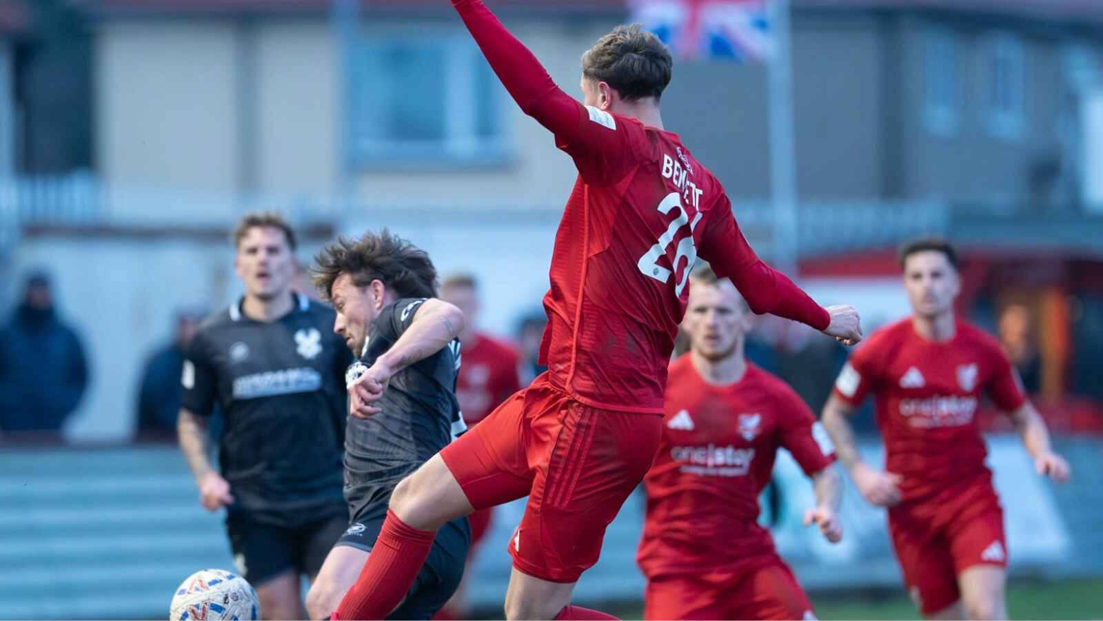 Scarborough Athletic’s Richie Bennett fights for possession