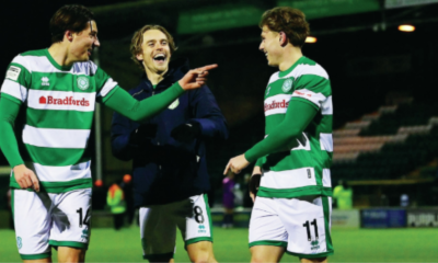 Yeovil scorers Brett McGavin, Luke McCormick and James Daly celebrate at full-time